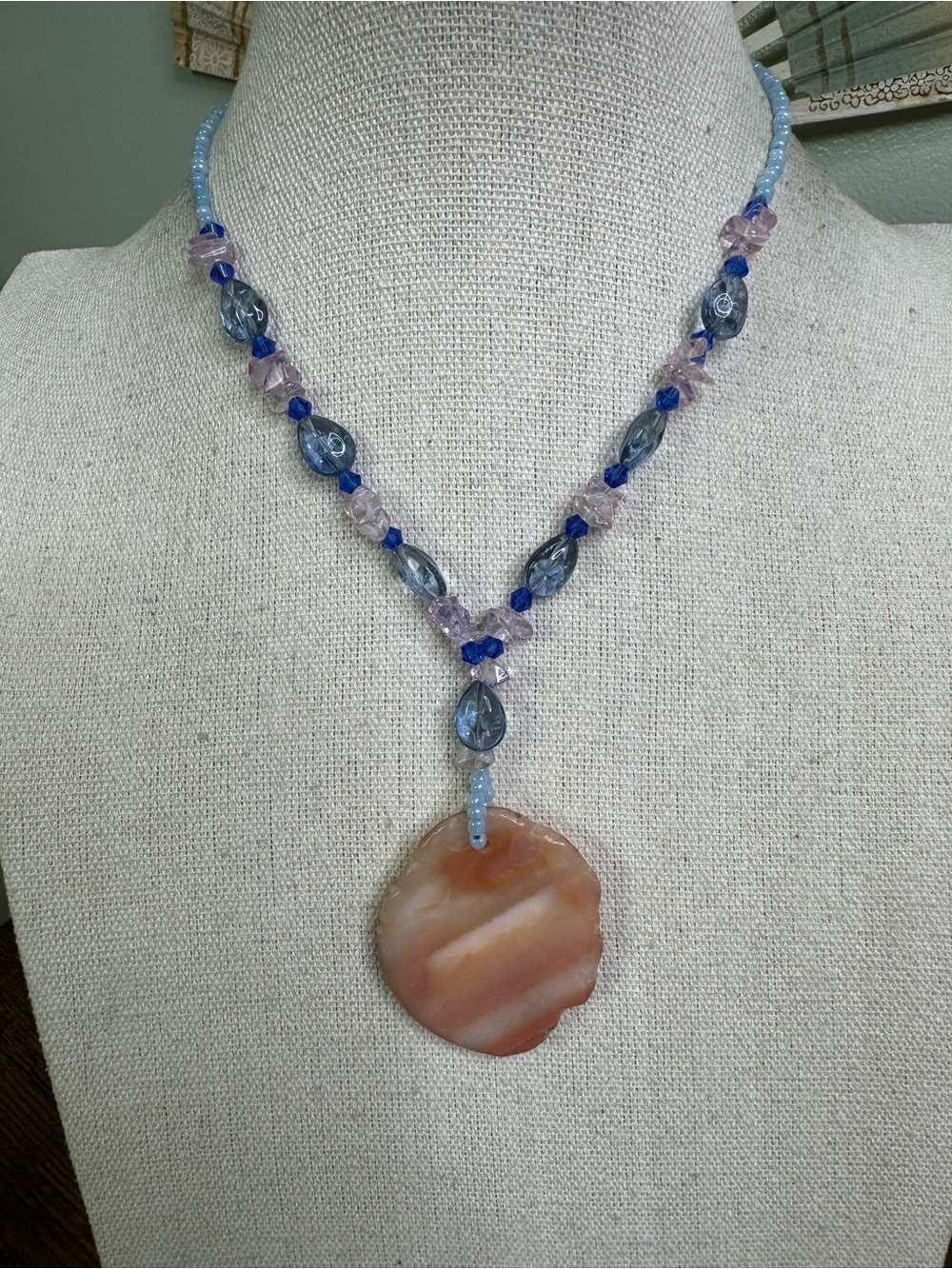 Handmade Blue & Pink Beaded Necklace with Peach Shell Pendant